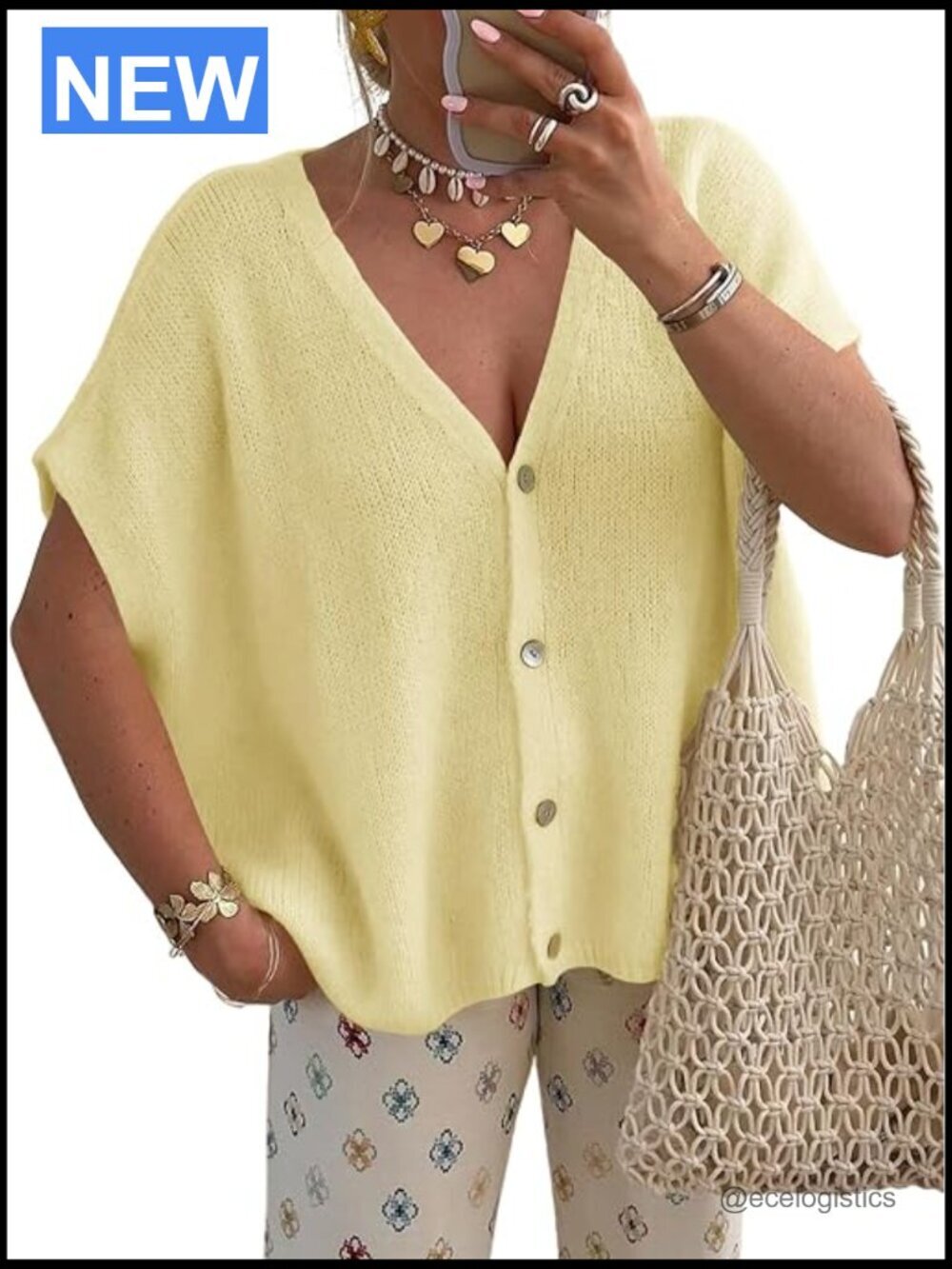 Oversized Batwing Short Sleeve Cardigan Loose Knit V Neck Button Down Summer Top